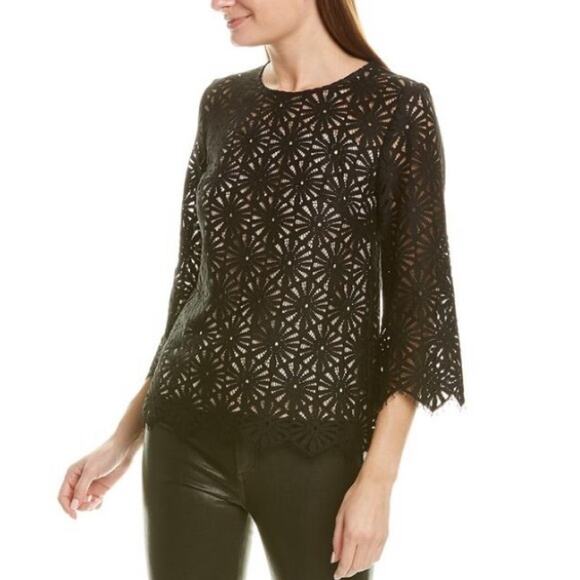 Trina Turk‎ Wilson Black Lace 3/4 Sleeves Blouse Top Black Cream M - Picture 15 of 15